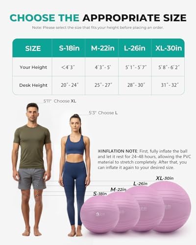 Gruper Yoga Ball, Extra Thick Exercise Ball for Workout Pregnancy Stability - 4 Sizes Anti Burst Balance Ball for Yoga, Pilates, Fitness, Birthing, Physical Therapy - Includes Pump