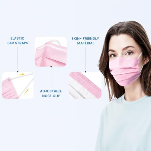 Wecolor 100 Pcs Pink Masks, Disposable Face Mask, 3 Ply Protection Masks