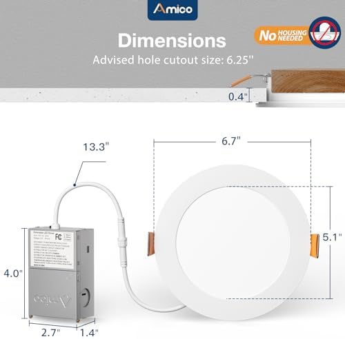 Amico 12 Pack 6 Inch LED Recessed Lighting, Canless Wafer Downlight, White