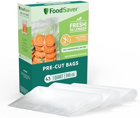 FoodSaver Quart Pre-Cut Vacuum Seal Bags, Easy Use Vacuum Storage Bags, Align to Seal and Tear to Open Vacuum Sealer Storage Bags, 43 Pack