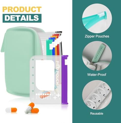 Timueetech A7 Waterproof Pill Organizer with 7 PCS L Size Zippered Pill Pouches for A7 Binder, Large BPA-Free Weekly Medicine Organizer, Color-Coded Reusable Travel Pill Storage System