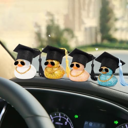 wonuu Car Dashboard Decor Graduation Hat Color Rubber Duck, Car Ducks Ornaments with Mini Graduation Hat Necklace Sunglasses (Gold)