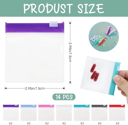 Reusable Zippered Pill Pouch with Slide Lock - 14 Piece Set in 7 Colors - Travel Pill Case for Medicine, Qtips & Small Items - Compact Pill Bags for Trave