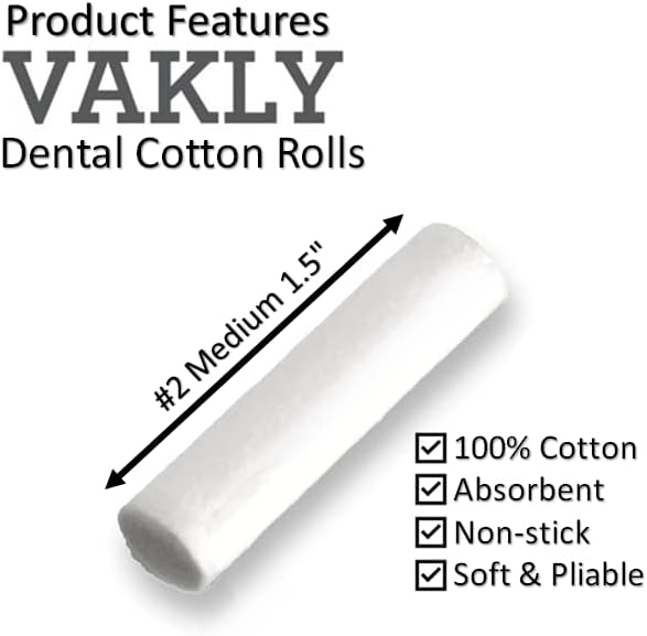 Vakly Dental Cotton Rolls #2 Medium 1.5 in (100 Count) – 100% Absorbent Non-Sterile Cotton Rolls for Dental Use, Mouth Gauze & Nosebleeds