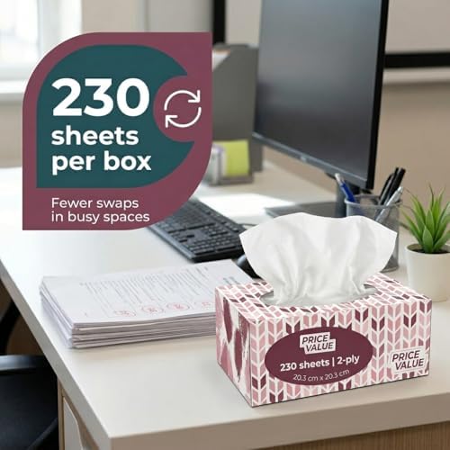 Price Value Facial Tissues Boxes Bulk, Soft 2-Ply, 230 Sheets, 8 Pack