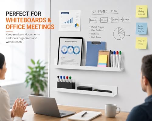 2 Pack Magnetic Book Shelf for Whiteboard, 17 Inch Heavy Duty Metal Magnetic Shelves, Holds 12 lbs, Magnetic Book Display for Classroom Furniture, Office - White