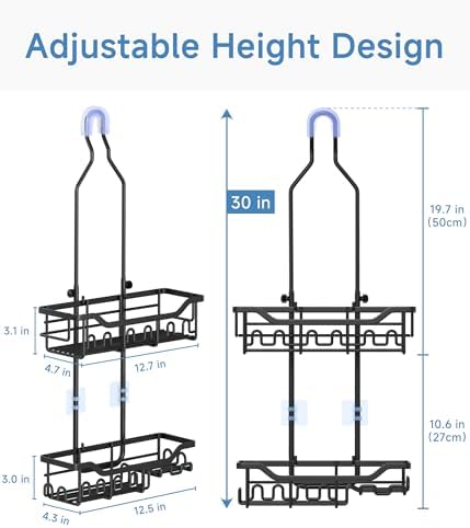 Upgraded Extended Length Shower Organizer with Hooks, Rustproof Shampoo Soap Holder, Large Hanging Bathroom Caddy
