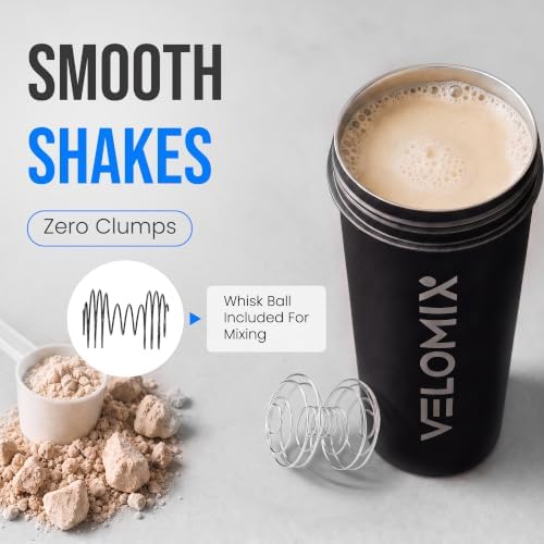 VELOMIX 24oz Stainless Steel Shaker Bottle with Wire Whisk, Black