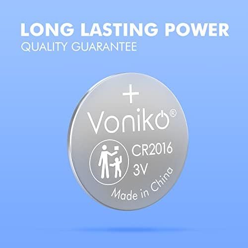Voniko CR2016 3V Lithium Batteries 5 Pack for Child Safety, Compatible with Remotes, Key Fobs, Glucose Monitors - 7 Years Shelf Life
