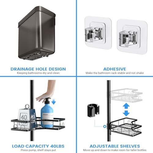 Adjustable Shower Caddy Tension Pole: Rustproof Corner Bathroom Shelves