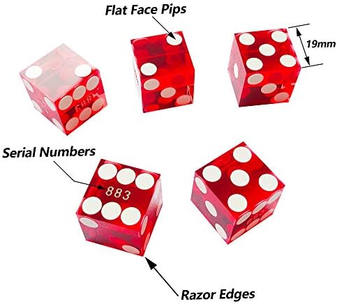 Yuanhe Set of 5 Grade AAA Precision 19mm Serialized Casino dice with Razor Edges and Corners - red …