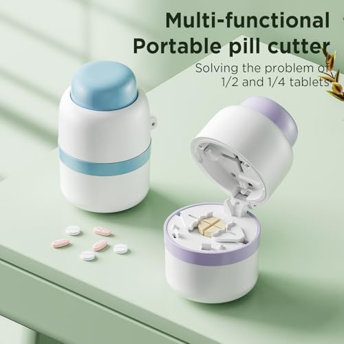 Pill Cutter 1/4 - Pill Splitter with Stainless Steel Blade for Cutting Small Pills or Large Pills in one Fourth, Suitable for Cuting Vitamins, Tablets (1-4 Blue)