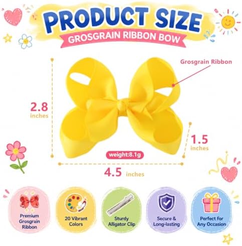 40PCS 4.5 Inch Hair Bows for Girls Grosgrain Ribbon Toddler Hair Accessories with Alligator Clips for Toddlers Baby Girls Kids Teens in Pairs