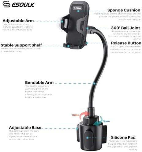 Cup Holder Phone Mount 15 Inch Adjustable Gooseneck Arm for Car
