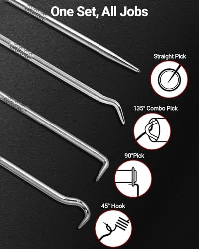 4-Piece Hook and Pick Set, Precision Automotive Pick Tool & O Ring Pick Set with Comfort Grip & Anti-Slip Shaft for Oil Seal, Gasket Removal, and Electronic Repair