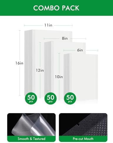 Vacuum Sealer Bags, 11"x16" Gallon, 8"x12" Quart, 6"x10" Pint, 150Pcs