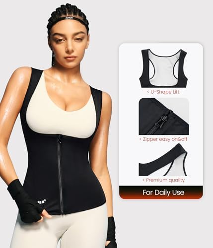 Junlan Sauna Suit Vest Waist Trainer for Women Zipper Sweat Tank Top Shaper