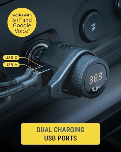 Scosche BTFM9 FM Bluetooth Transmitter Car, Dual 12W USB-C and USB-A Charging Ports, Fast Type C Car Charger, Wireless Radio Bluetooth Adapter, Hands-Free Kit for Calls, Siri and Google Assistant