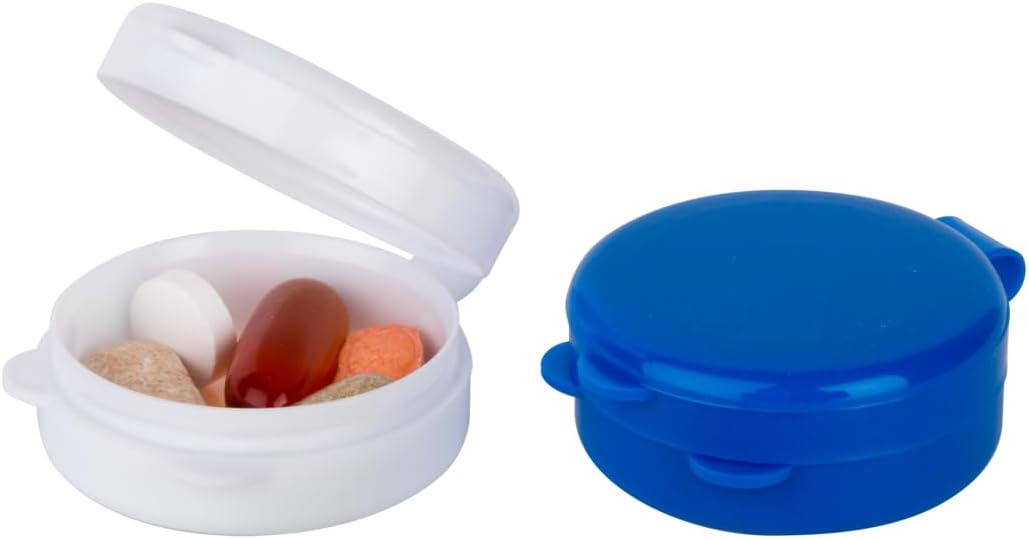 EZY DOSE Daily Round, Compact, Small, Disrcrete, Portable On-The-Go Pocket Pharmacy, Pill Box, Organizer and Vitamin Containers, Snap Shut Lids, Travel Friendly, Colors May Vary, 2 Pack, BPA Free