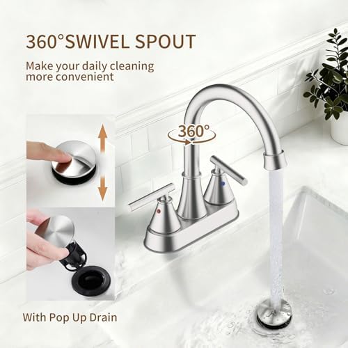 Bathroom Sink Faucet 4 Inch 2 Handle Centerset Brushed Gold Lead-Free Modern Bathroom Faucet Vanity Faucet with Pop-up Drain Stopper and Supply Hoses