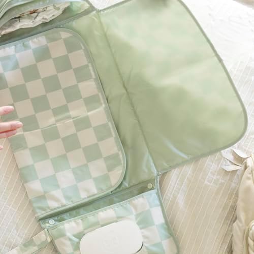 Tiny Twinkle Portable Diaper Changing Pad | Waterproof, Wipeable & Compact Baby Changing Pad for Travel | Smart Wipes Pocket & Organized Storage| Newborn Shower Gift (Sage Checkers)