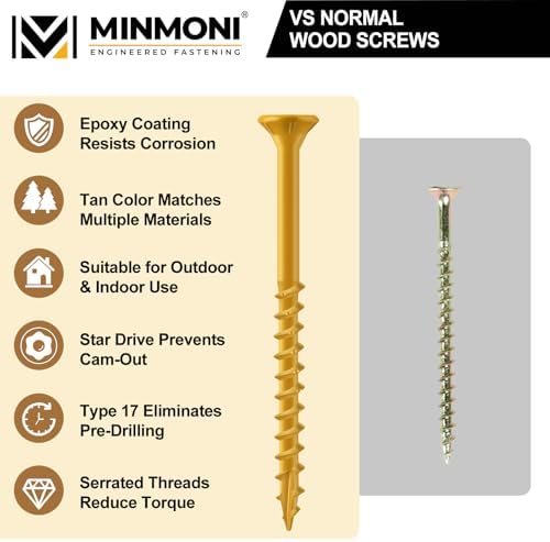 #10 x 3'' Wood Deck Screws 310pcs (5lb Box), Torx Flat-Head Exterior Screws, Multiple Size Available, Tan, T25 Star Bit Included