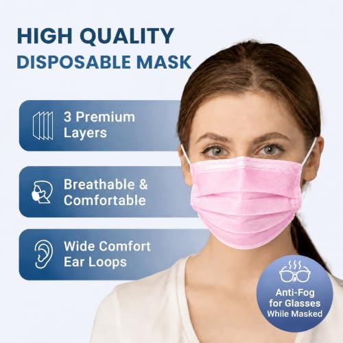 Wecolor 100 Pcs Pink Masks, Disposable Face Mask, 3 Ply Protection Masks