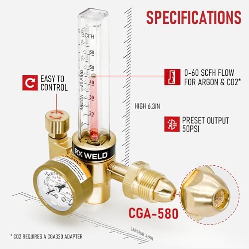 RX WELD Argon Regulator for MIG TIG Weld, CGA580, 6.6FT Hose