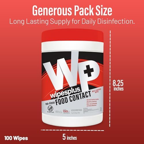 WIPESPLUS Cleaning Wipes All Purpose Food Contact - No Rinse, No Residue, Quick Dry Formula, Disinfecting Wipes For Restaurants, Foodservice, Schools - Canister, 100 Count
