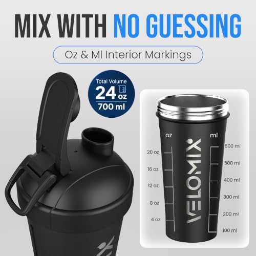 VELOMIX 24oz Stainless Steel Shaker Bottle with Wire Whisk, Black