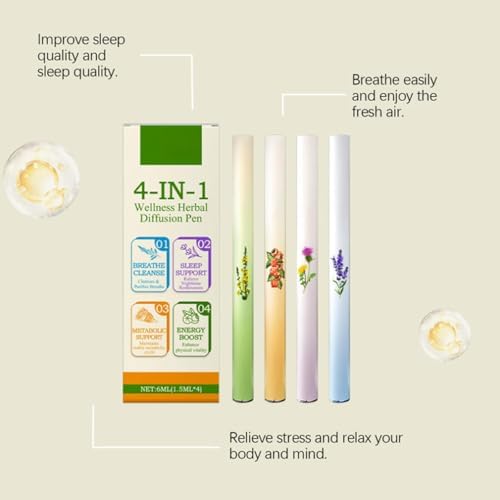 Mullein Herbal Diffuser Pen, Natural Aromatherapy Air Inhaler Stick with Mullein Thyme Mint, Four Aroma Variety Set,Air Freshening, Relaxed Feelings, Portable Pocket Size (4 Pack)