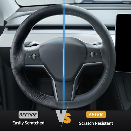 Uxcer Nappa Leather Steering Wheel Cover Compatible with Tesla Model 3/Y 2016-2025 2026 Juniper/Highland, Non-Slip Breathable Model 3/Y Steering Wheel Protector, Black