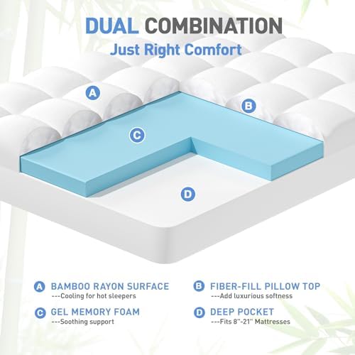 Dual Layer 3 Inch Memory Foam Mattress Topper Twin XL Size, 2 Inch Cooling Gel Memory Foam Plus 1 Inch Pillow Top Mattress Pad Cover, with 8-21 Inch Deep Pocket