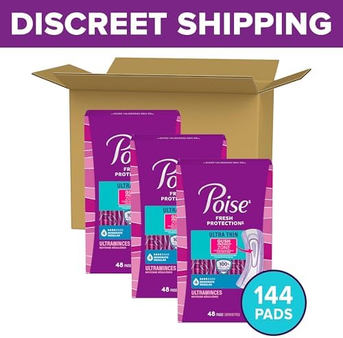 Poise Ultra Thin Incontinence Pads & Postpartum Pads for Bladder Leaks, 4 Drop Moderate Absorbency, Regular Length, 144 Count, Packaging May Vary