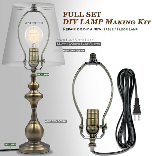 Lamp Rewire Kit - 3-Way Socket With Matching Cord and Harp Set for Table or Floor Lamp Repair, Essential Hardware for DIY Design (Antique Brass, 1)