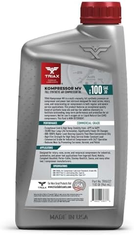 TRIAX Kompressor ISO 100 SAE 30, Full Synthetic, Multi-Vis Air Compressor Oil | for Rotary, Vane, Screw, and Reciprocal | Commercial Grade | High Temp | Non-Detergent (1 Quart)