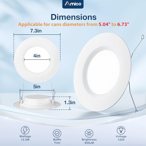 Amico 4 Pack 5/6 inch 5CCT LED Recessed Lighting, Retrofit Can Light, White