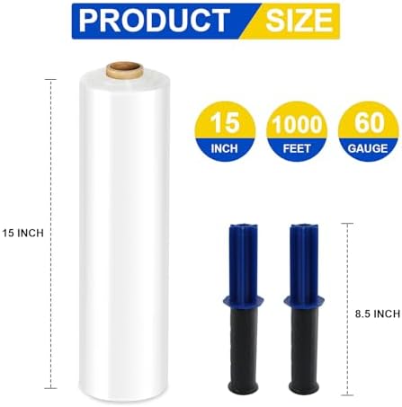 Stretch Film, RAZCC Stretch Wrap Industrial Strength, Shrink Wrap for Pallet Wrap, Heavy Duty Clear Plastic Wrap with Handles, Moving Wrapping Plastic Roll, 15" x 1000 Ft Per Roll, 60 Gauge, 4 Pack