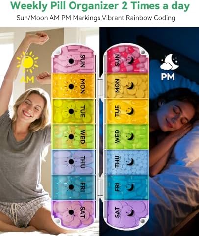 Foldable Weekly Pill Organizer 2 Times a Day - Magnetic Moisture-Proof 7 Day Pill Box AM PM, Portable Travel Medicine Organizer with Removable Lids for Vitamins, Supplements and Fish Oils (Multicolor)