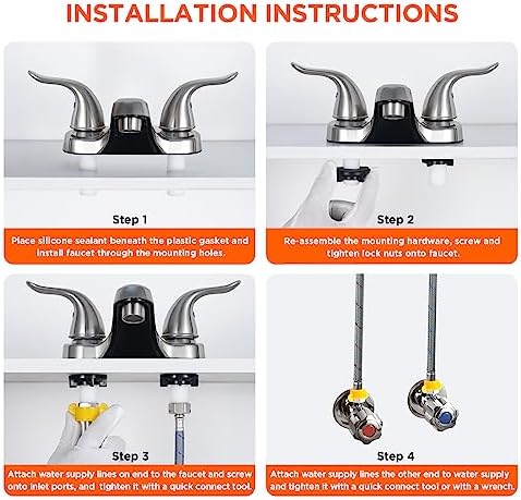Bathroom Sink Faucets 2/3 Hole,Brushed Nickel Dual Handles 4 inch Plastic Plating Over Bathroom Faucet with Pop-up Drain and 2 Supply Hoses for Apartment Rvs Sink Vanity