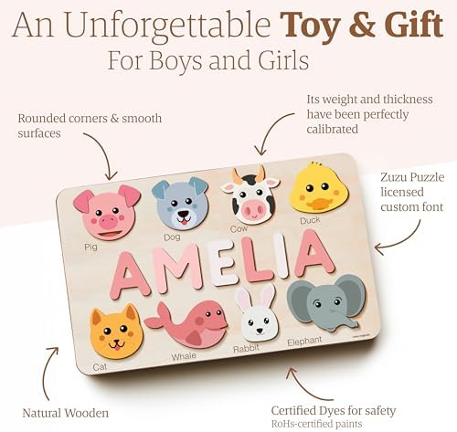 Zuzu Puzzle Personalized Name Puzzle for Toddlers 1-3 | Safari, Farm & 12 Themes | Handmade Wooden Montessori Toy, Keepsake Nursery Decor & Perfect 1st Birthday Gift for Boy Girl
