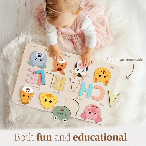 Zuzu Puzzle Personalized Name Puzzle for Toddlers 1-3 | Safari, Farm & 12 Themes | Handmade Wooden Montessori Toy, Keepsake Nursery Decor & Perfect 1st Birthday Gift for Boy Girl