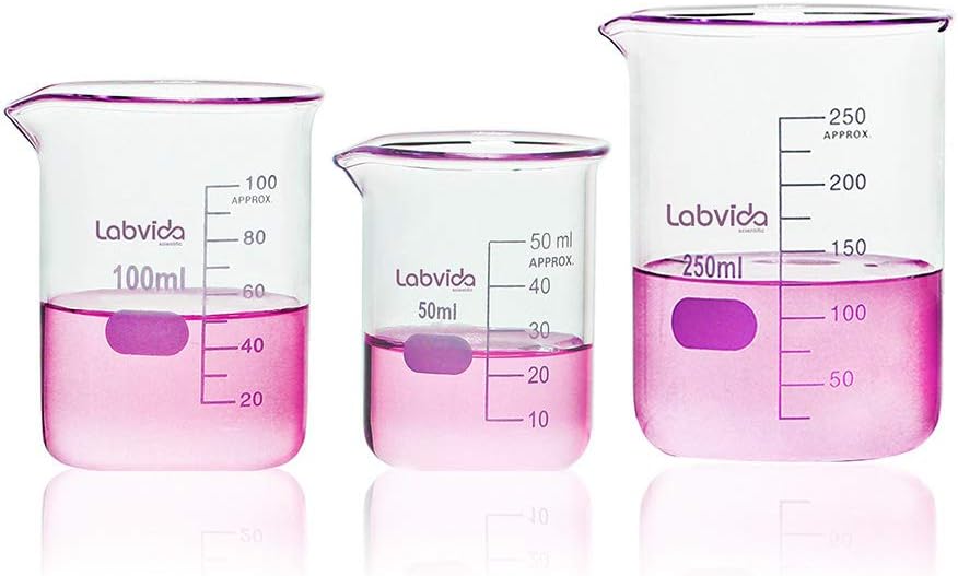 Upgrated 6 Size Low Form Glass Beaker Set, 25ml 50ml 100ml 250ml 500ml 1000ml, 3.3 Boro Glass beakers with Printed Graduation, LVA019