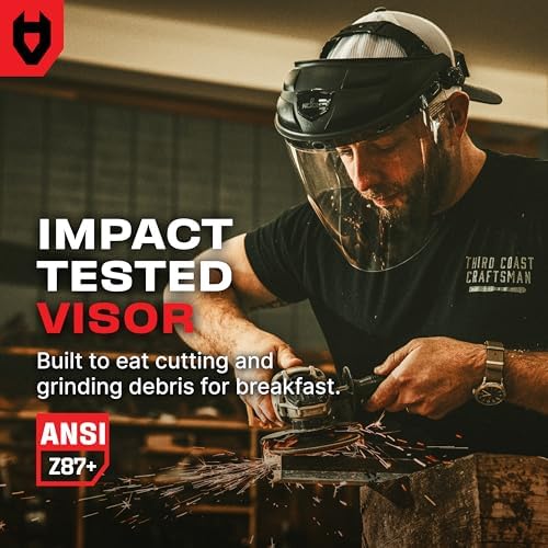 NoCry Premium Safety Face Shield for Grinding and Cutting — Clear Anti-Fog, Impact Resistant Visor and Adjustable Headgear — ANSI Z87.1 Certified for Industrial Use — Washable Sweatbands Included