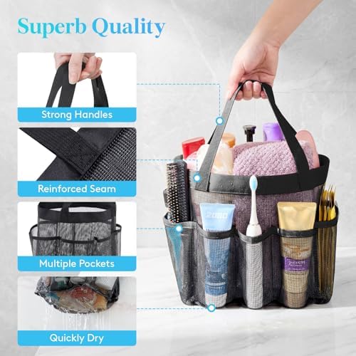 Lifewit Mesh Shower Caddy Portable for College Dorm Room Essentials with 7 Pockets, Freestanding Hanging Organizer Basket, Quick Dry Tote Bag for Camping, Bathroom, Beach, Travel, 1 Pack, Black