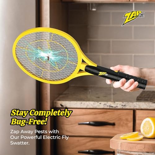 ZAP IT! Battery Powered Fly Swatter Racket - 3,500-Volt Mosquito Zapper with 2 AA Batteries Included and LED Light -Medium- Safe 3-Layer Mesh, Dark Yellow, Bug Zapper Racquet for Indoors and Outdoors