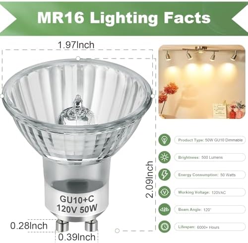 SerBion GU10 120V 50W Halogen Light Bulbs for Track and Range Hood, GU10+C Candle Warmer Lamp with Dimmable, 2700K Warm White, 6000+Hours Long-Lasting Pack of 6