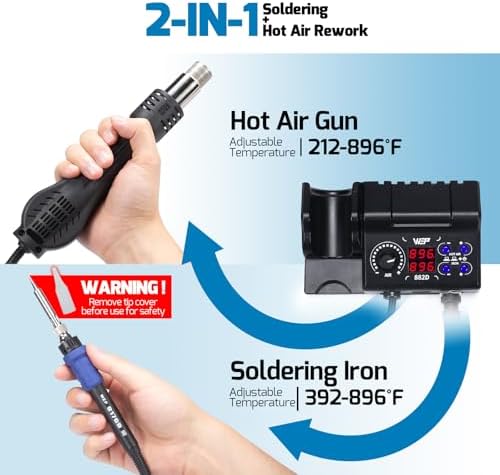 WEP 882D Soldering Iron Station 2-IN-1 SMD Hot Air Rework Station with 2 Spools of Solder Wire, 5 Soldering Tips, 3 Hot Air Nozzles, Brass Wool Tip Cleaner, Tweezers, Desoldering pump