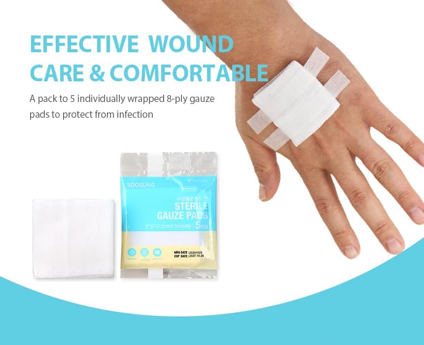 Sterile Gauze Pads 3x3 Inch (100 Count), 8-Ply Dense Woven Cotton, 32.3 g/m², Highly Absorbent, Latex-Free Wound Dressing for Cuts, Wound Care & First Aid, 20 Sterile Pouches of 5 – SOOSUNG