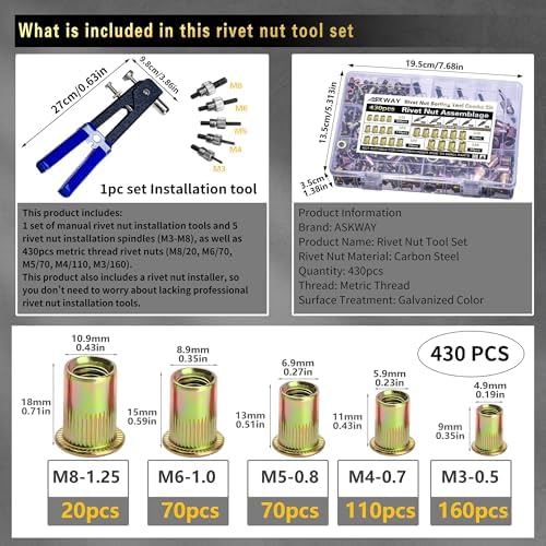 ASKWAY Pressure Rivet Nut Tool Kit, 430Pcs Metric Rivet Nut Combination